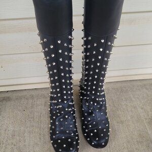 Christian Louboutin Studded Flat Boots Knee Black Shoes MENEBOOT IT 37 US 6.5-7